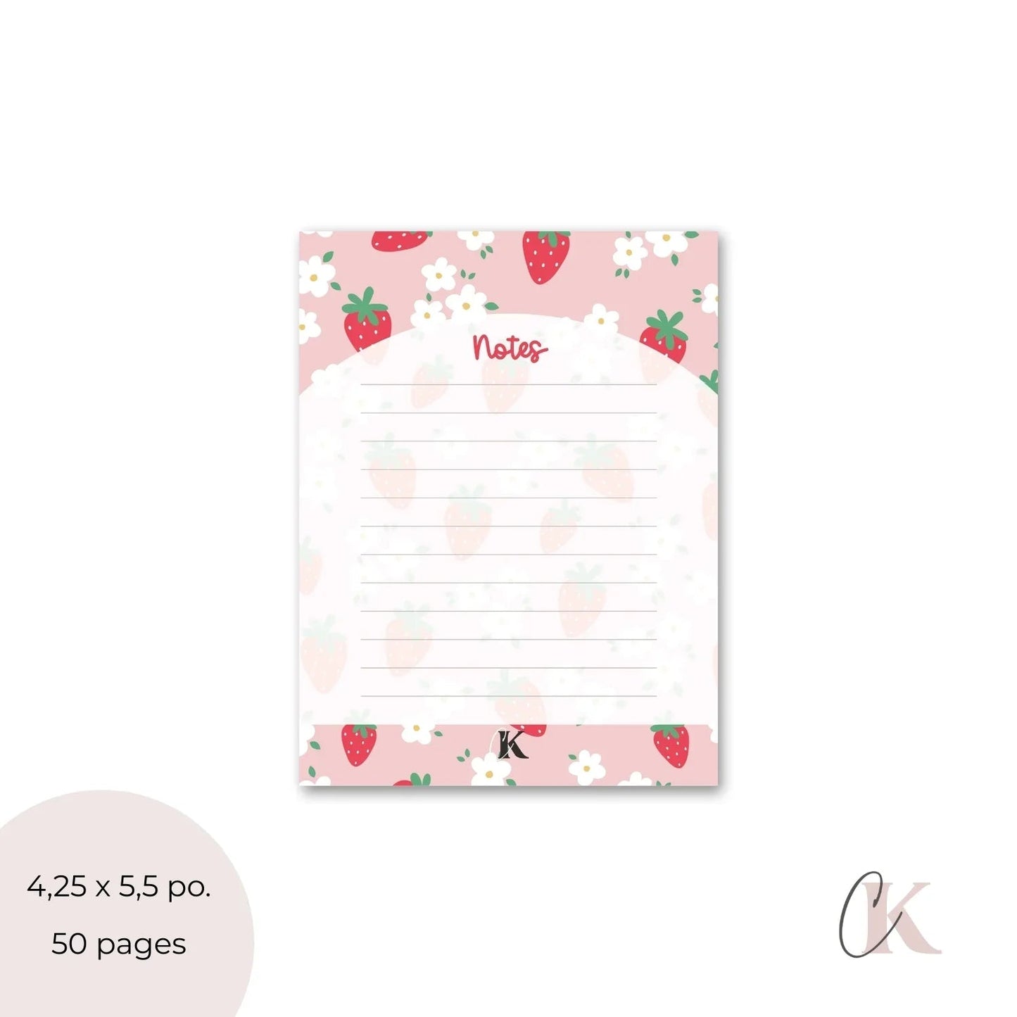 Bloc - notes ligné | Fraises rouges et petites fleurs sur fond rose - Papeterie