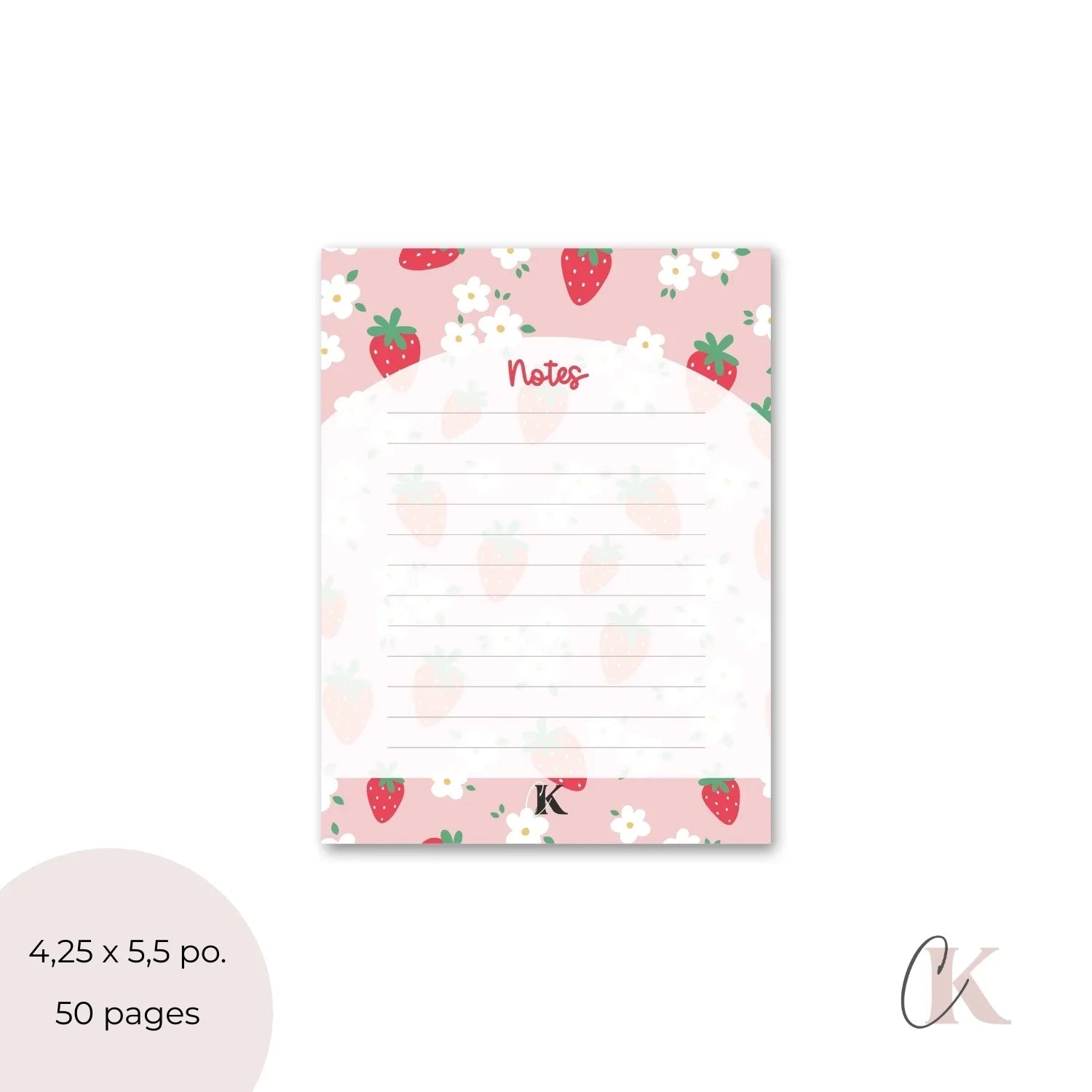 Bloc - notes ligné | Fraises rouges et petites fleurs sur fond rose - Papeterie