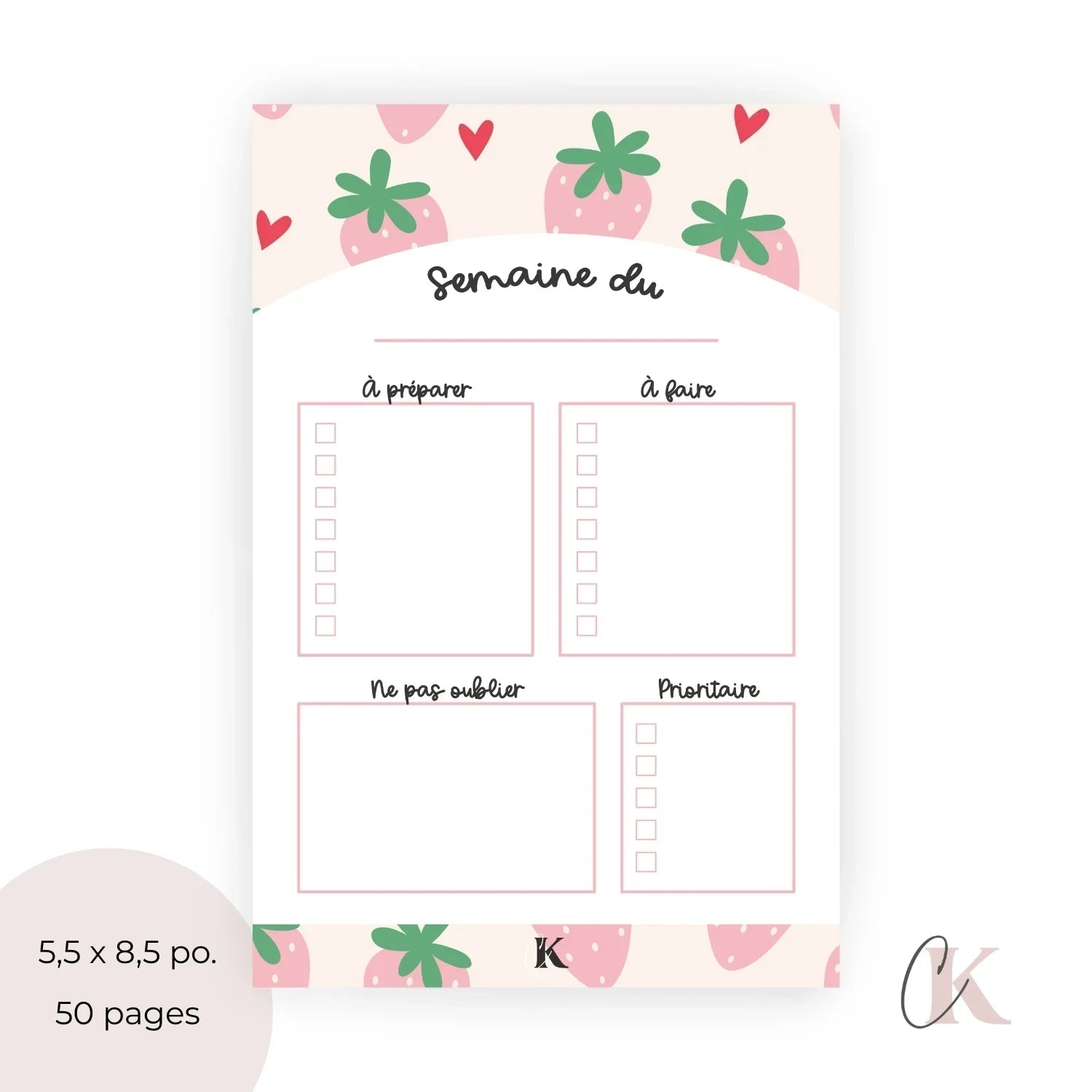 Bloc - notes | Planificateur | Fraises roses pastel - Papeterie