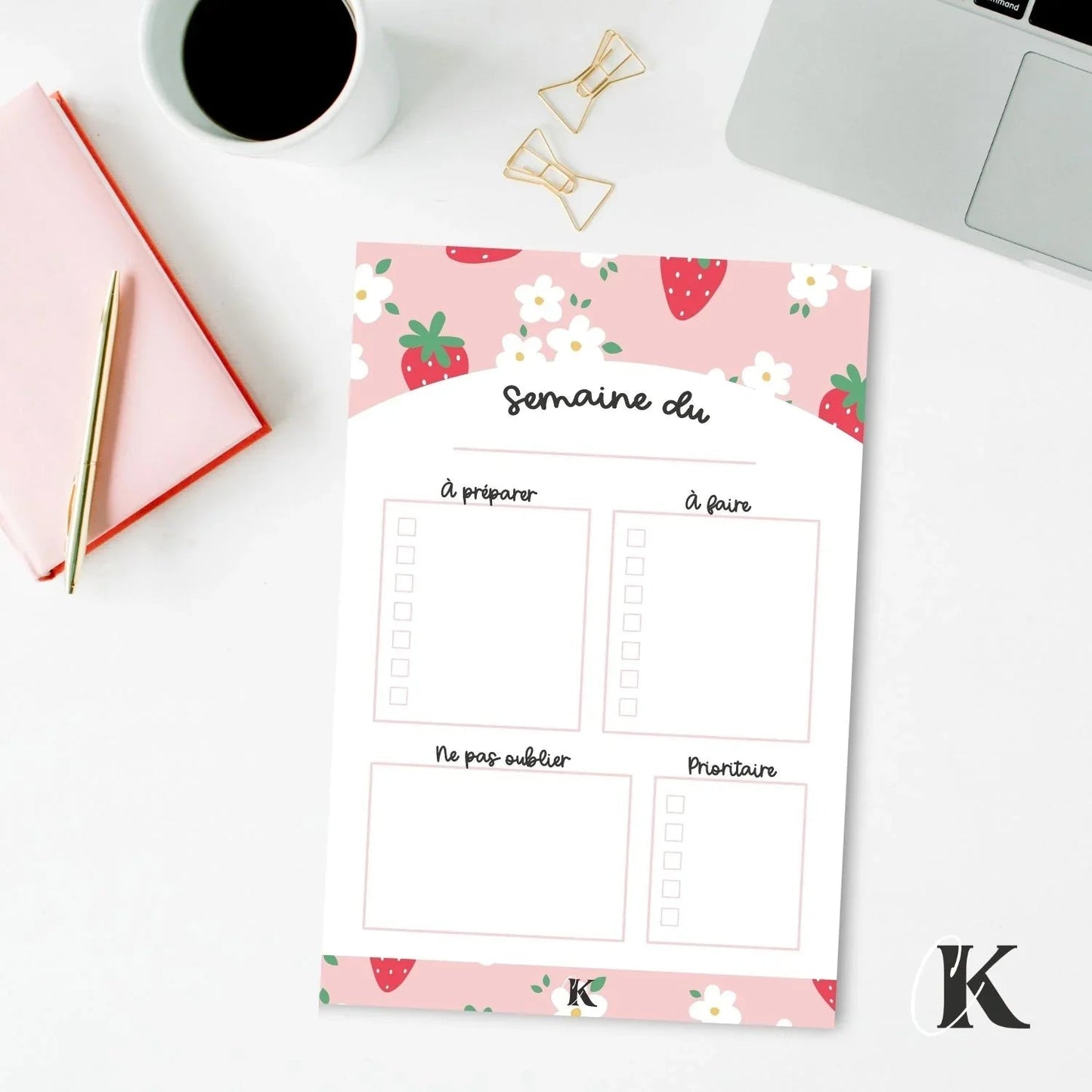 Bloc - notes | Planificateur | Fraises sur fond rose - Papeterie