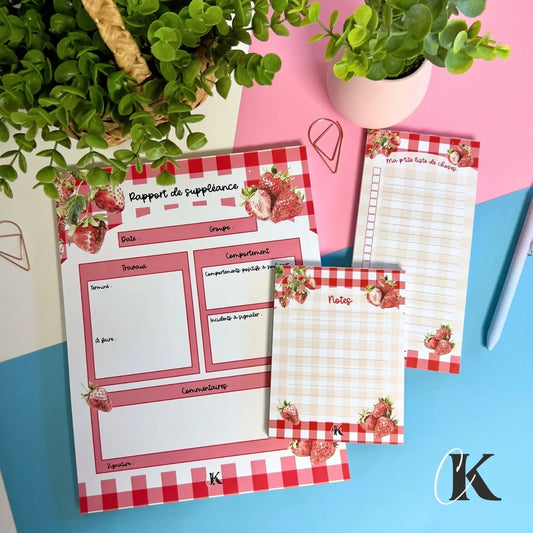 Ensemble de blocs - notes pour suppléante | Fraises rouges à motif carreaux - Papeterie