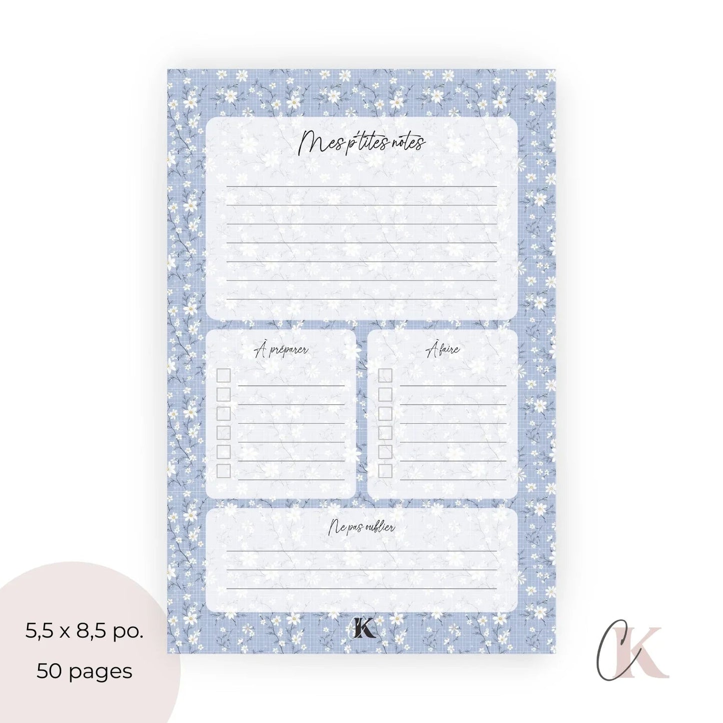 Ensemble de planificateur et blocs - notes | Bleu fleuri - Papeterie