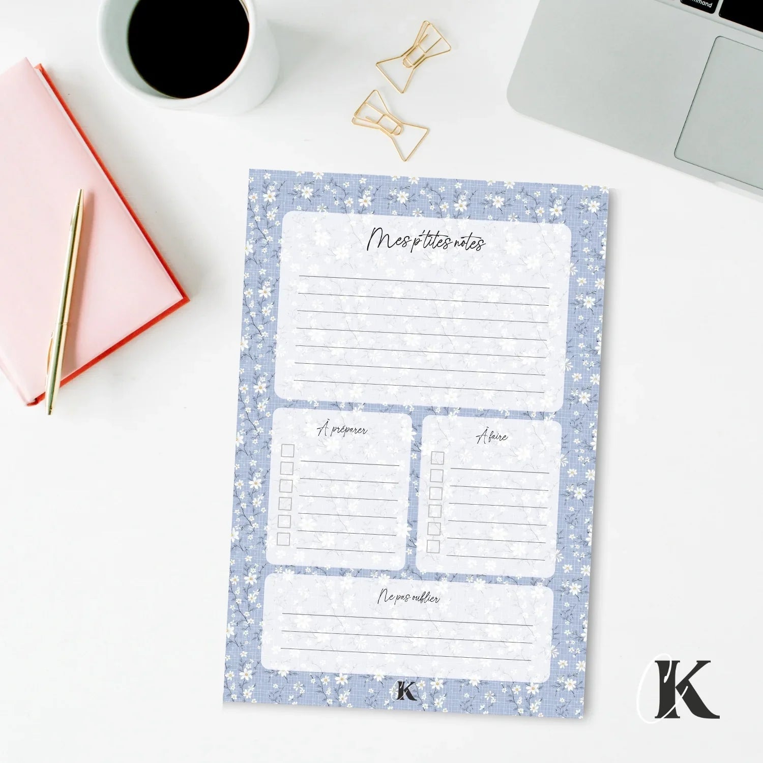 Ensemble de planificateur et blocs - notes | Bleu fleuri - Papeterie