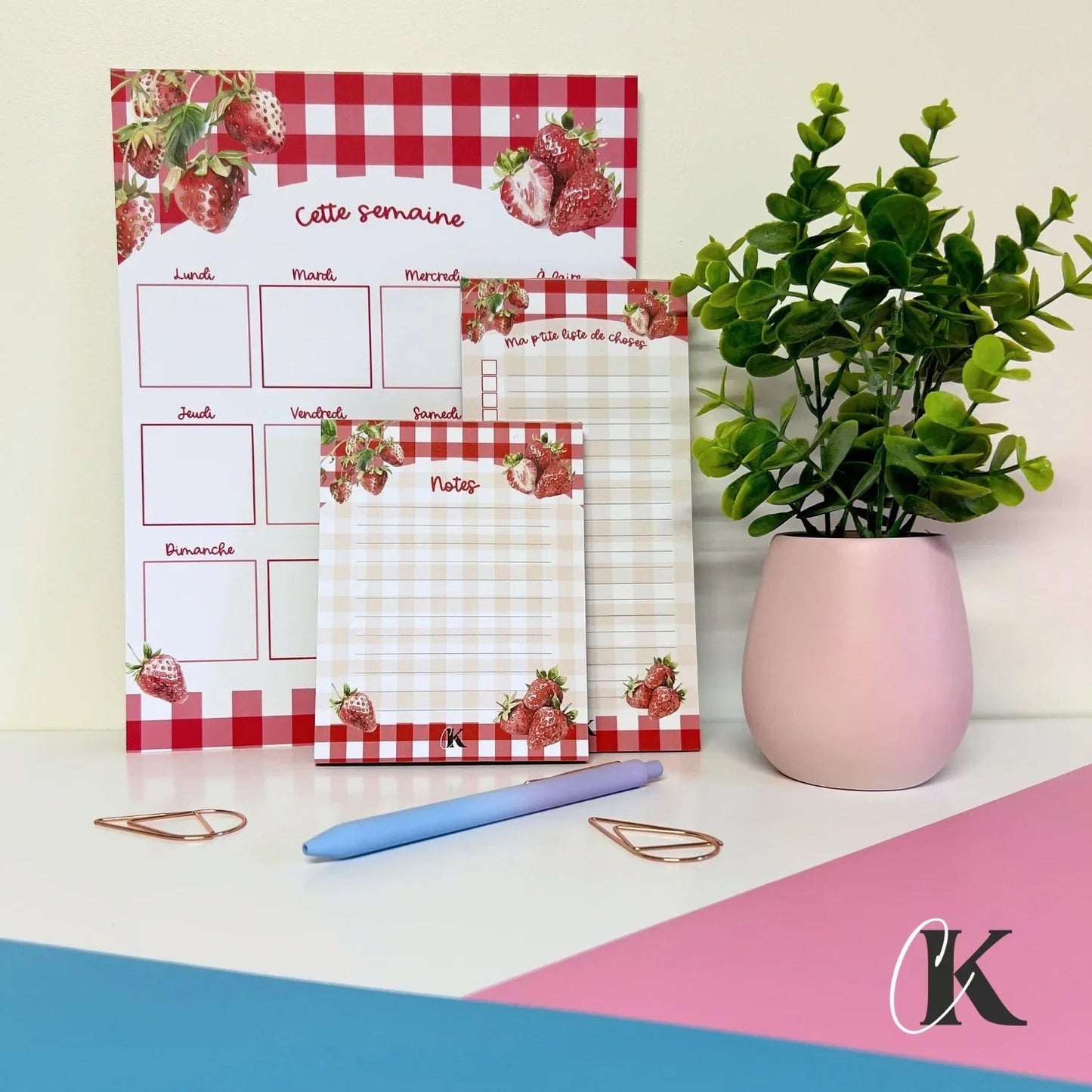 Ensemble de planificateur et blocs - notes | Fraises rouges à motif carreaux - Papeterie