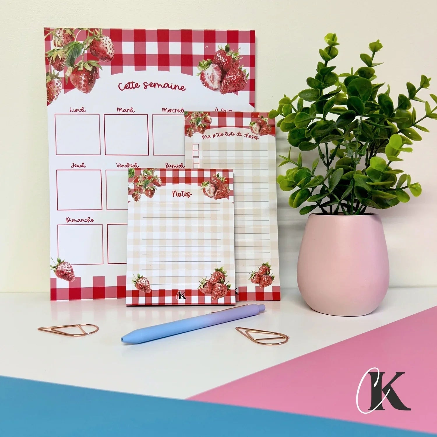 Ensemble de planificateur et blocs - notes | Fraises rouges à motif carreaux - Papeterie