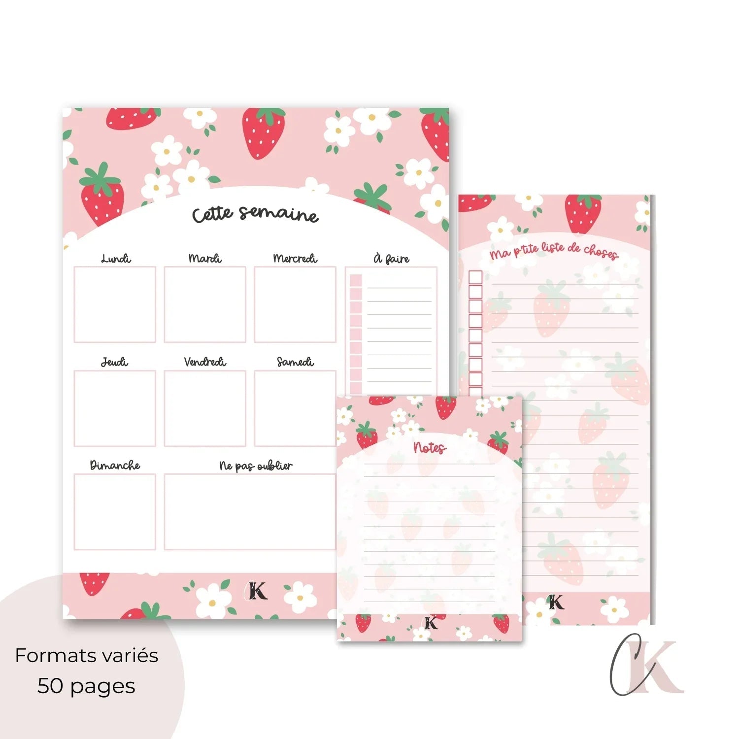 Ensemble de planificateur et blocs - notes | Fraises sur fond rose - Papeterie