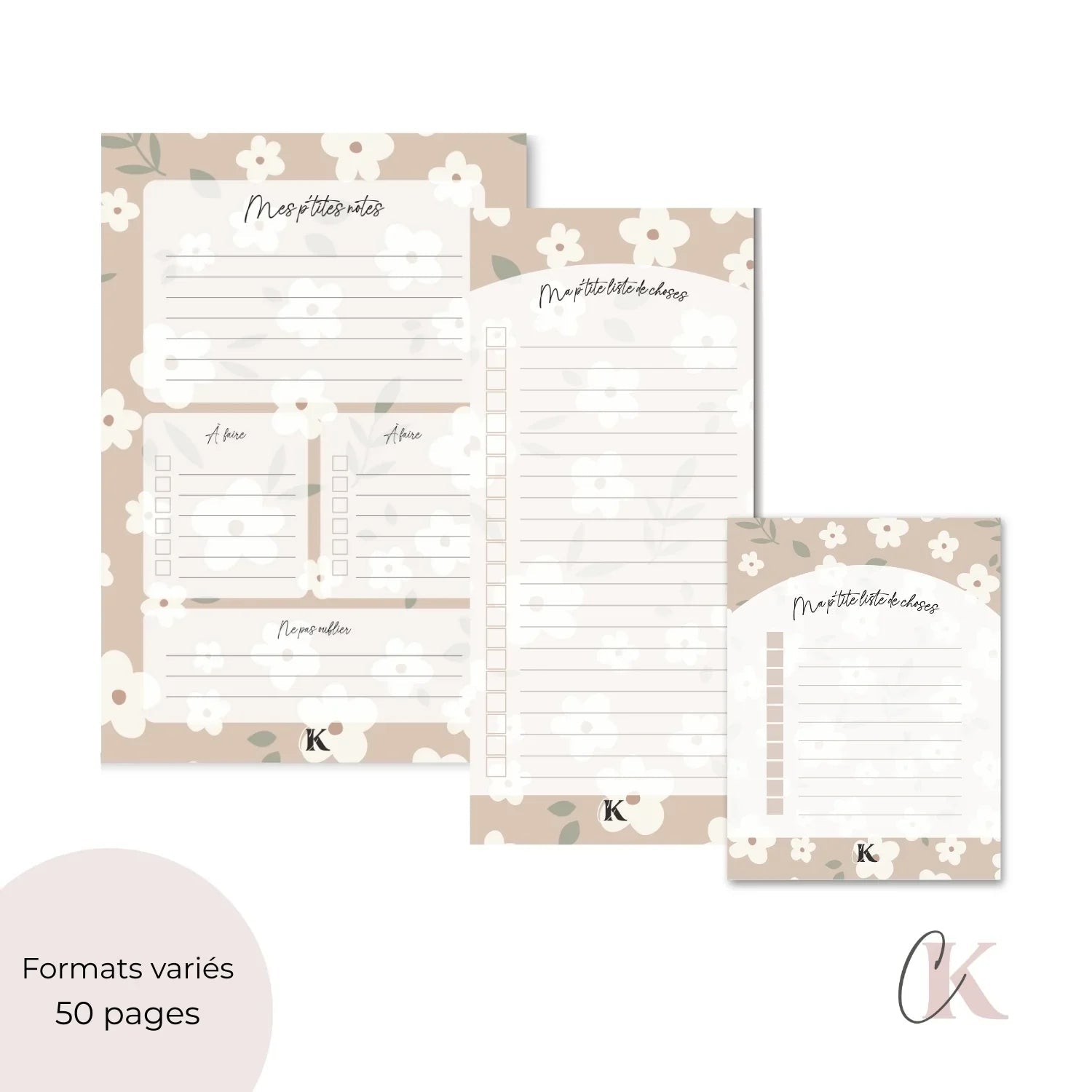 Ensemble de planificateur et blocs - notes | Grège fleuri - Papeterie