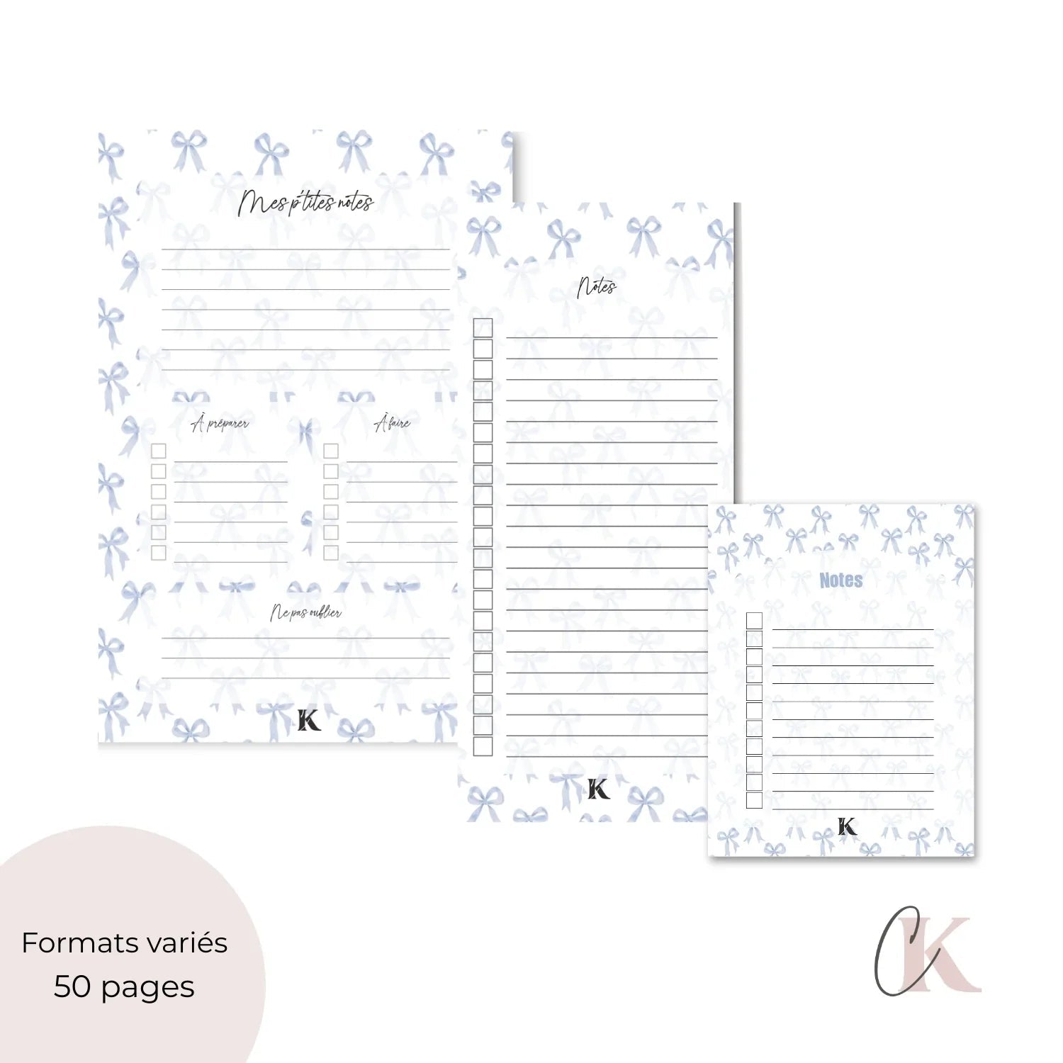 Ensemble de planificateur et blocs - notes | Noeuds chics bleus - Papeterie