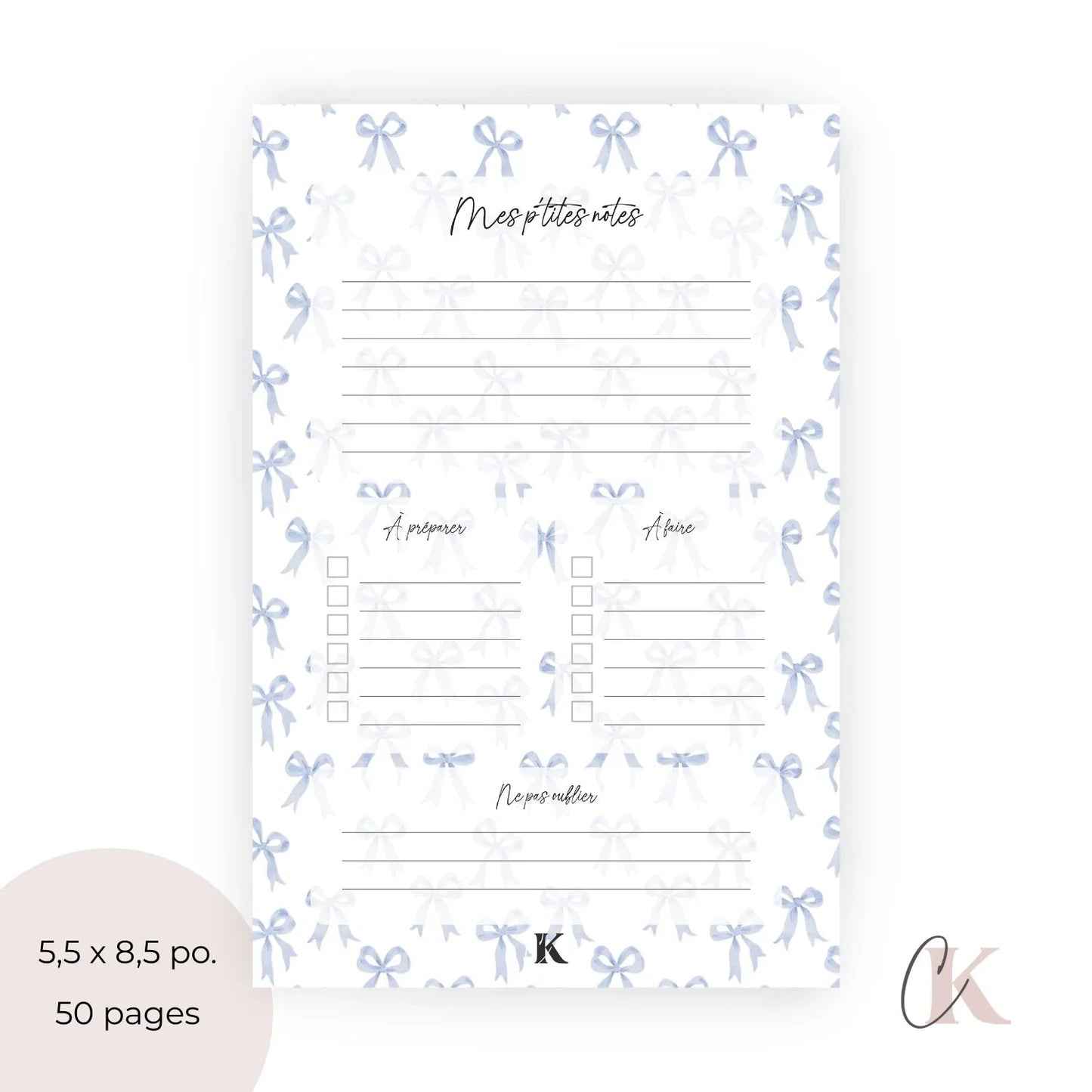 Ensemble de planificateur et blocs - notes | Noeuds chics bleus - Papeterie
