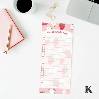 Liste de tâches | Fraises rouges et petites fleurs sur fond rose (To do list) - Papeterie