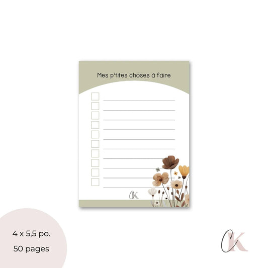 Mes P'tites choses à faire | Bloc - notes bohème floral | Vert - Papeterie
