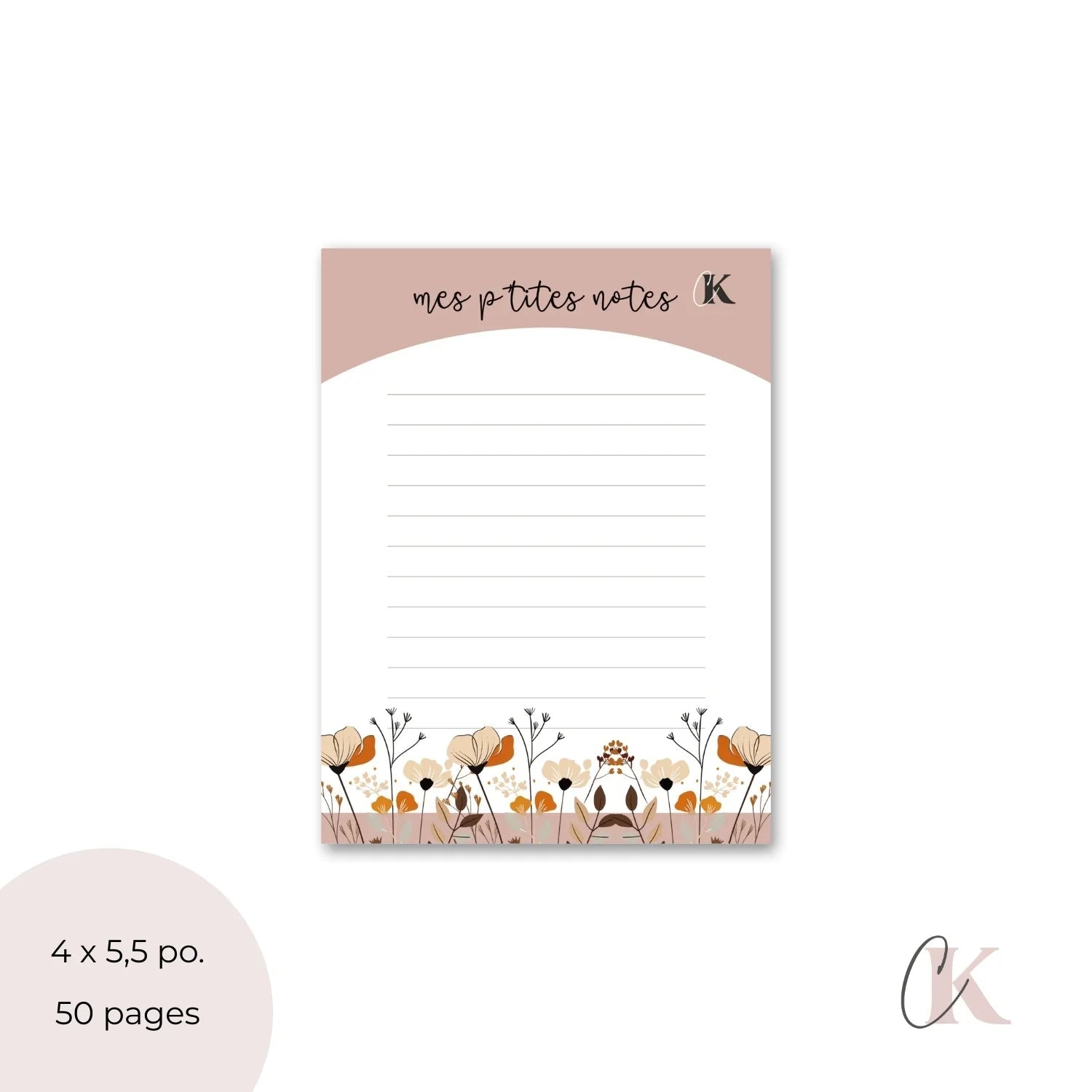 Mes p'tites notes | Blocs - notes boho rose poudré à motif floral - Papeterie