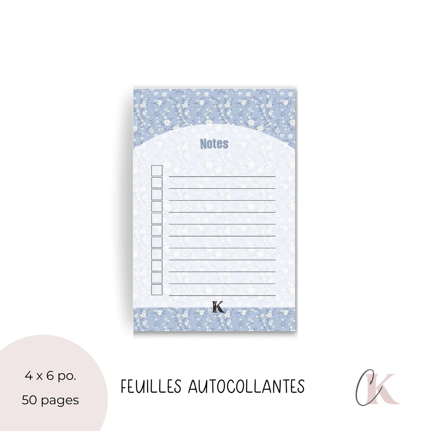 Notes autocollantes liste de tâches | Bleu fleuri - Papeterie