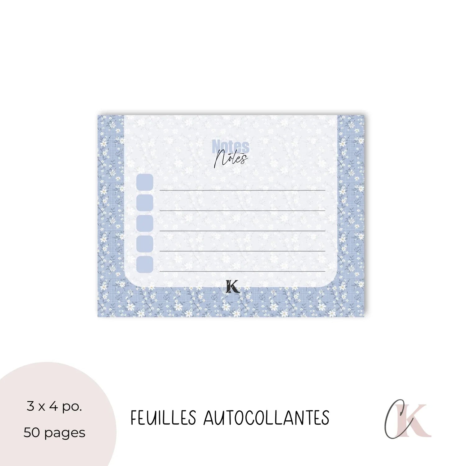 Notes autocollantes liste de tâches | Bleu fleuri - Papeterie