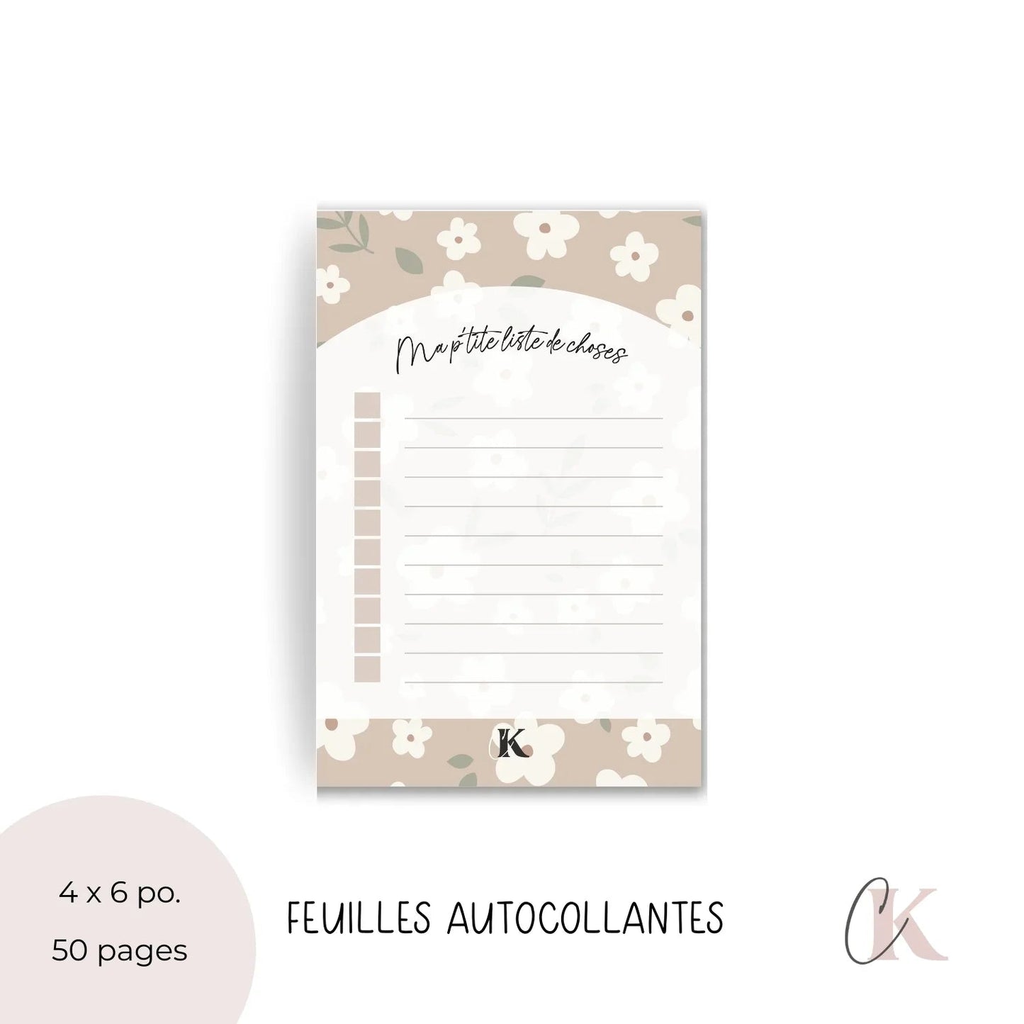 Notes autocollantes liste de tâches | Grège fleuri - Papeterie