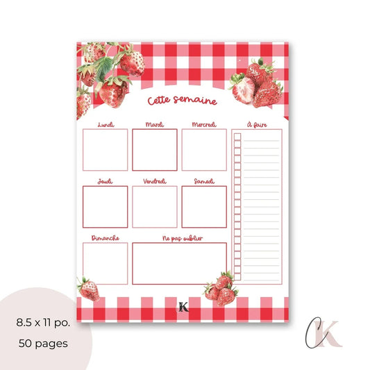 Planificateur semainier | Fraises rouges à motif carreaux - Papeterie