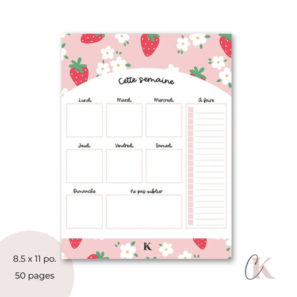 Planificateur semainier | Fraises sur fond rose - Papeterie