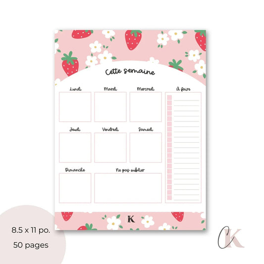 Planificateur semainier | Fraises sur fond rose - Papeterie