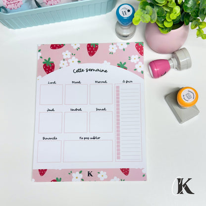 Planificateur semainier | Fraises sur fond rose - Papeterie
