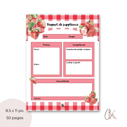 Rapport de suppléance | Fraises rouges à motif carreaux - Papeterie