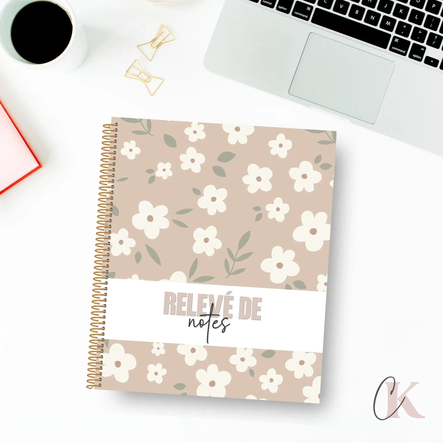Relevé de notes | Primaire et secondaire | Fleurie grège - Papeterie